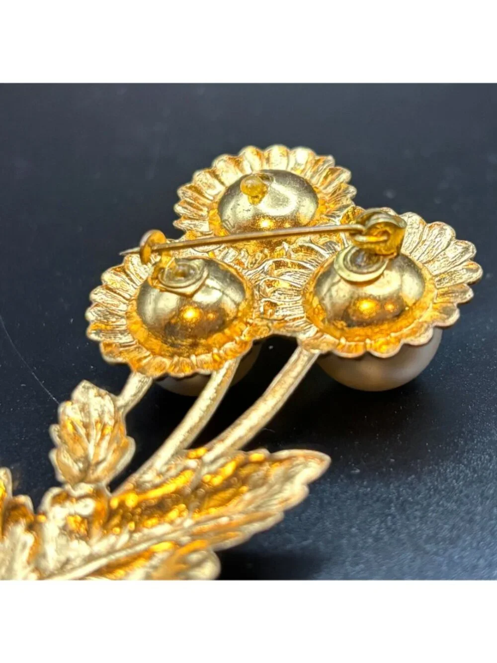 Vintage MCM Gold Faux Pearl Sunflower Brooch Pin Cottagecore Flower Bouquet